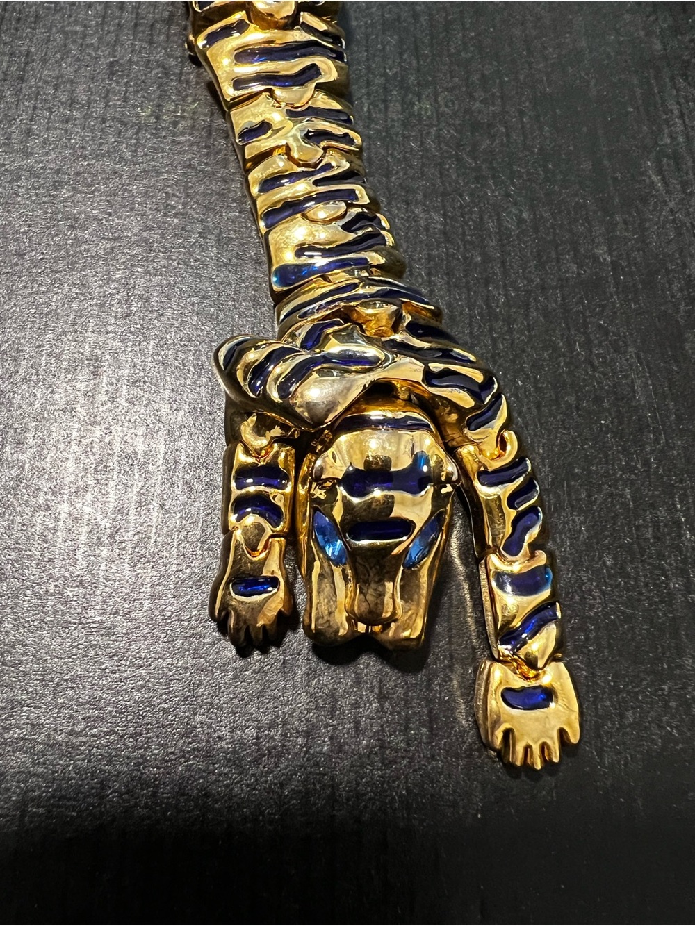 Vintage 80-90’ Gold and Navy Articulated Tiger-Stripe Brooch - 7”